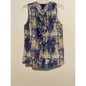 Elena Solano Sleeveless Linen Rayon Large Blouse Ruffle Front Blue Yellow